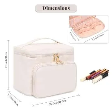 Large Makeup Bag, Portable Travel Makeup Bag for Women Girls with Makeup Brush Compartment, Stylish Makeup Bag Organizer Cosmetic Case With Handle and Divider - Beige