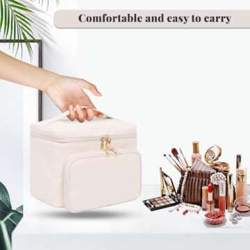 Large Makeup Bag, Portable Travel Makeup Bag for Women Girls with Makeup Brush Compartment, Stylish Makeup Bag Organizer Cosmetic Case With Handle and Divider - Beige