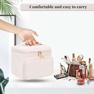 Large Makeup Bag, Portable Travel Makeup Bag for Women Girls with Makeup Brush Compartment, Stylish Makeup Bag Organizer Cosmetic Case With Handle and Divider - Beige