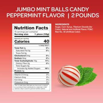Jumbo Mint Balls - 2 Pound Bulk Pack (About 75 Count) - Peppermint Hard Candy - Individually Wrapped