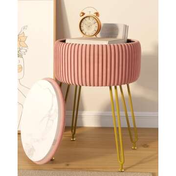 IBUYKE Velvet Storage Footrest Stool Ottoman, Makeup Vanity Stool Side Table with Golden Steel Legs ...