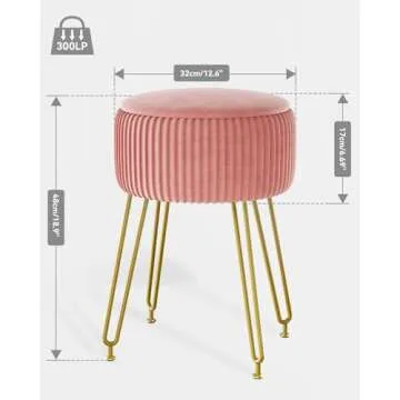 IBUYKE Velvet Storage Footrest Stool Ottoman, Makeup Vanity Stool Side Table with Golden Steel Legs Removable Cover, Coffee Table Top Cover, Pink LG-20P