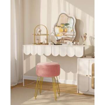 IBUYKE Velvet Storage Footrest Stool Ottoman, Makeup Vanity Stool Side Table with Golden Steel Legs Removable Cover, Coffee Table Top Cover, Pink LG-20P