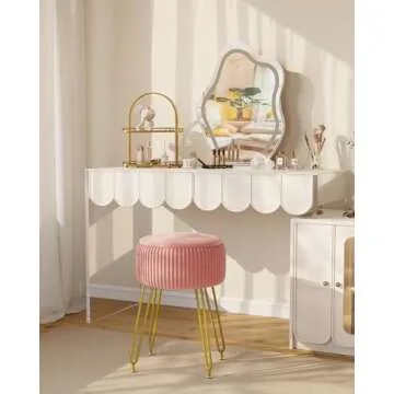 IBUYKE Velvet Storage Footrest Stool Ottoman, Makeup Vanity Stool Side Table with Golden Steel Legs Removable Cover, Coffee Table Top Cover, Pink LG-20P