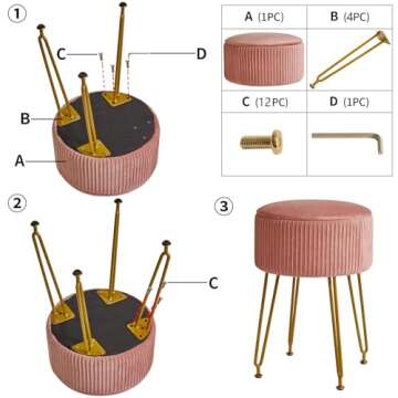 IBUYKE Velvet Storage Footrest Stool Ottoman, Makeup Vanity Stool Side Table with Golden Steel Legs Removable Cover, Coffee Table Top Cover, Pink LG-20P