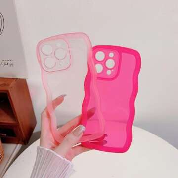 MINSCOSE Compatible with iPhone 14 Pro Max Case, Cute Curly Wave Frame with Clear Kawaii Designs, Anti-Slip Grip Shockproof Soft TPU & Hard Bumper Protective Phone Cover for Girls Women-Hot Pink