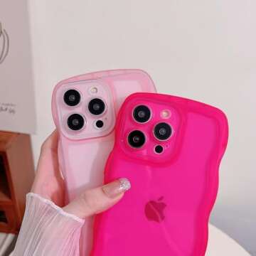 MINSCOSE Compatible with iPhone 14 Pro Max Case, Cute Curly Wave Frame with Clear Kawaii Designs, Anti-Slip Grip Shockproof Soft TPU & Hard Bumper Protective Phone Cover for Girls Women-Hot Pink