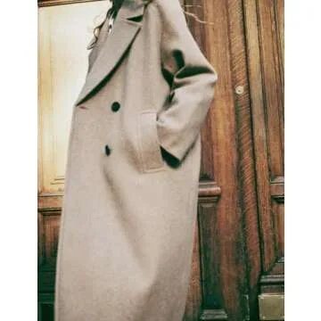 Gihuo Women's Notched Collar Wool Blend Pea Coat Winter Double Breasted Trench Coat Long Oversized Button Down Overcoats(Apricot-S)