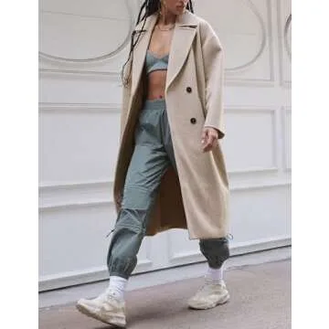 Gihuo Women's Notched Collar Wool Blend Pea Coat Winter Double Breasted Trench Coat Long Oversized Button Down Overcoats(Apricot-S)