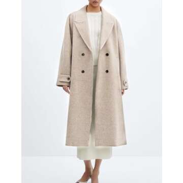 Gihuo Women's Notched Collar Wool Blend Pea Coat Winter Double Breasted Trench Coat Long Oversized Button Down Overcoats(Apricot-S)