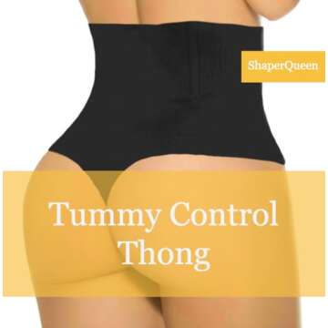 ShaperQueen102B Tummy Control Shapewear Thong for Women – Black High Waist Tummy Control Thong, Wa...