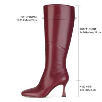 DOEYG Burgundy Leather Knee High Boots for Women Kitten Heel Tall Boots Square Toe Stiletto Heels He...