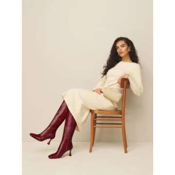 DOEYG Burgundy Leather Knee High Boots for Women Kitten Heel Tall Boots Square Toe Stiletto Heels Heeled Boots Dressy Fashion Long Boots Side Zipper Size 7