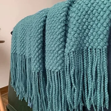 LOMAO Knitted Throw Blanket with Tassels Bubble Textured Soft Blanket Lightweight Warm Throw Blanket for Couch Cover Home Decor (Teal, 50x60)