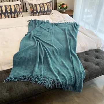 LOMAO Knitted Throw Blanket with Tassels Bubble Textured Soft Blanket Lightweight Warm Throw Blanket for Couch Cover Home Decor (Teal, 50x60)