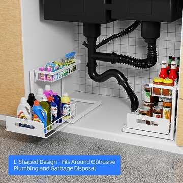 Lxmons 2-Tier Under Sink Slide Out Organizer, Pull Out Cabinet Storage Shelf with Sliding Storage Wi...