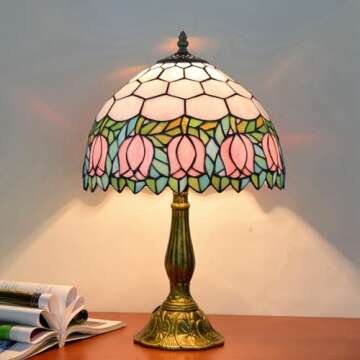Blivuself Tiffany Lamp Stained Glass Lamp Pink Tulip Bedroom Table lamp Reading Desk Light for Bedsi...