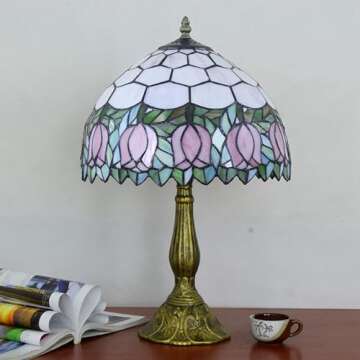 Blivuself Tiffany Lamp Stained Glass Lamp Pink Tulip Bedroom Table lamp Reading Desk Light for Bedside Living Room Office Dormitory Dining Room Decorate Housewarming Gift 12X12X18 Include Light Bulb