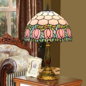 Blivuself Tiffany Lamp Stained Glass Lamp Pink Tulip Bedroom Table lamp Reading Desk Light for Bedside Living Room Office Dormitory Dining Room Decorate Housewarming Gift 12X12X18 Include Light Bulb