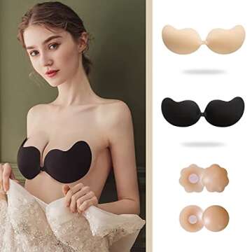 Sticky Bra Invisible Push up Bra Reusable Adhesive Bra for Backless Dresses Strapless Sticky Boobs Push up Bra for Women with Soft Silicone Nipple Covers Set C