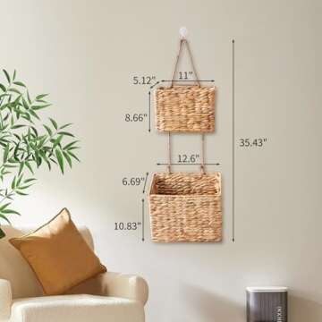 YAHUAN Woven Water Hyacinth Hanging Basket 2-Tiered Storage Baskets Hanging Organizer Hanging Wall B...