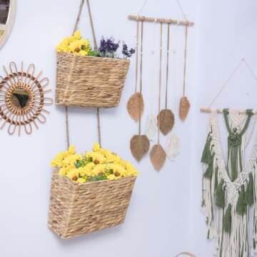 YAHUAN Woven Water Hyacinth Hanging Basket 2-Tiered Storage Baskets Hanging Organizer Hanging Wall Basket for Home,Pantry,Garden, Office Organization (Water Hyacinth)