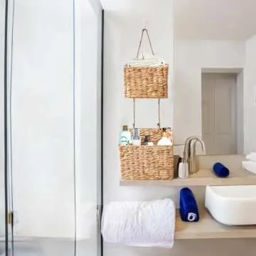 YAHUAN Woven Water Hyacinth Hanging Basket 2-Tiered Storage Baskets Hanging Organizer Hanging Wall Basket for Home,Pantry,Garden, Office Organization (Water Hyacinth)