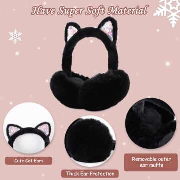 PESAAT Fluffy Ear Muff for Women Plush Foldable Earmuffs Kids Winter Earmuffs Girls Boys Cold Weather Ear Warmer (Black Cat)