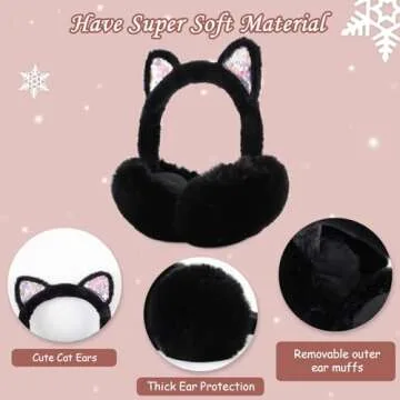 PESAAT Fluffy Ear Muff for Women Plush Foldable Earmuffs Kids Winter Earmuffs Girls Boys Cold Weather Ear Warmer (Black Cat)