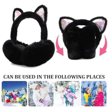 PESAAT Fluffy Ear Muff for Women Plush Foldable Earmuffs Kids Winter Earmuffs Girls Boys Cold Weather Ear Warmer (Black Cat)