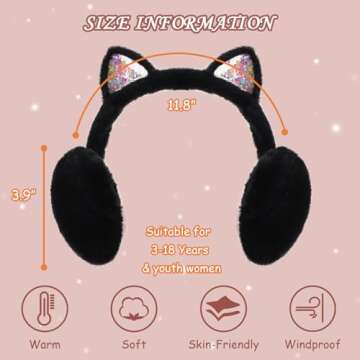 PESAAT Fluffy Ear Muff for Women Plush Foldable Earmuffs Kids Winter Earmuffs Girls Boys Cold Weather Ear Warmer (Black Cat)