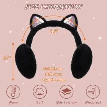 PESAAT Fluffy Ear Muff for Women Plush Foldable Earmuffs Kids Winter Earmuffs Girls Boys Cold Weather Ear Warmer (Black Cat)