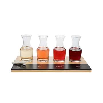 Wine Tasting Flight Sampler Board - Set Includes Four 6 oz Decanter Glasses and Wood Paddle with Cha...