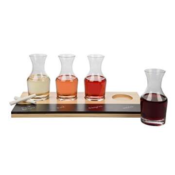 Wine Tasting Flight Sampler Board - Set Includes Four 6 oz Decanter Glasses and Wood Paddle with Chalkboard for Labeling - Great for Wine Taste Testing & Brunch- Wedding Gift Idea