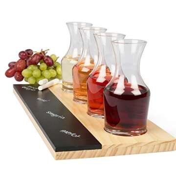Wine Tasting Flight Sampler Board - Set Includes Four 6 oz Decanter Glasses and Wood Paddle with Chalkboard for Labeling - Great for Wine Taste Testing & Brunch- Wedding Gift Idea