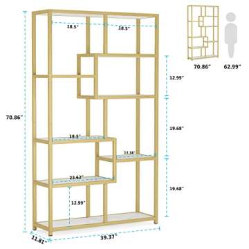 Tribesigns Bookshelf Bookcase, Gold 8-Open Shelf Etagere Bookcase with Faux Marble, Modern Book Shel...