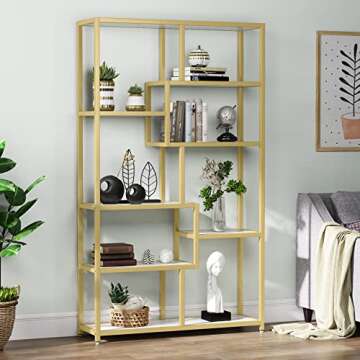 Tribesigns Bookshelf Bookcase, Gold 8-Open Shelf Etagere Bookcase with Faux Marble, Modern Book Shelves Display Shelf Storage Organizer for Home Office