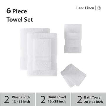 LANE LINEN Luxury Bath Towels Set - 6 Piece Set, 100% Cotton Bathroom Towels, Zero Twist, Quick Dry Shower Towels, Extra Soft Absorbent Bath Towel, 2 Bath Towels, 2 Hand Towels, 2 Wash Cloths - White