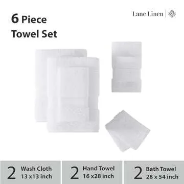 LANE LINEN Luxury Bath Towels Set - 6 Piece Set, 100% Cotton Bathroom Towels, Zero Twist, Quick Dry Shower Towels, Extra Soft Absorbent Bath Towel, 2 Bath Towels, 2 Hand Towels, 2 Wash Cloths - White