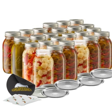 Regular Mouth 32 oz (Quart) mason Jars (24-Pack) with Lids and Bands Bundled with KangarooBands Jar ...