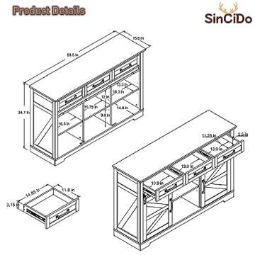 SinCiDo Farmhouse Buffet Cabinet, 53â€ Sideboard Cabinet w/3 Drawer, Rustic Storage Cabinet w/Sli...