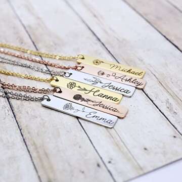 Personalized Flower Name Bar Pendant Necklace Custom Engraved Jewelry Gift for Her, Couples, Girlfri...