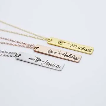 Personalized Flower Name Bar Pendant Necklace Custom Engraved Jewelry Gift for Her, Couples, Girlfriend Delicate Handcrafted Accessory for Mother, Daughter Ideal for Wedding, Birthday Bridesmaid, Mother's Day