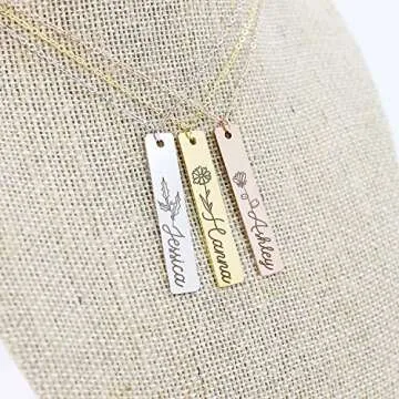 Personalized Flower Name Bar Pendant Necklace Custom Engraved Jewelry Gift for Her, Couples, Girlfriend Delicate Handcrafted Accessory for Mother, Daughter Ideal for Wedding, Birthday Bridesmaid, Mother's Day