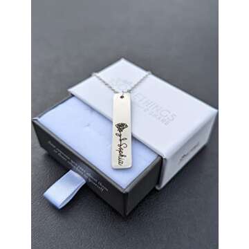 Personalized Flower Name Bar Pendant Necklace Custom Engraved Jewelry Gift for Her, Couples, Girlfriend Delicate Handcrafted Accessory for Mother, Daughter Ideal for Wedding, Birthday Bridesmaid, Mother's Day