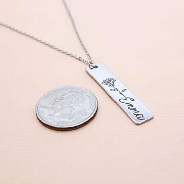 Personalized Flower Name Bar Pendant Necklace Custom Engraved Jewelry Gift for Her, Couples, Girlfriend Delicate Handcrafted Accessory for Mother, Daughter Ideal for Wedding, Birthday Bridesmaid, Mother's Day