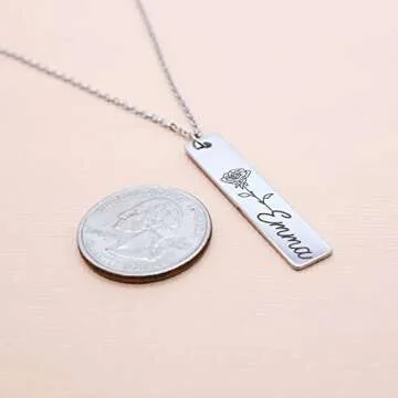 Personalized Flower Name Bar Pendant Necklace Custom Engraved Jewelry Gift for Her, Couples, Girlfriend Delicate Handcrafted Accessory for Mother, Daughter Ideal for Wedding, Birthday Bridesmaid, Mother's Day