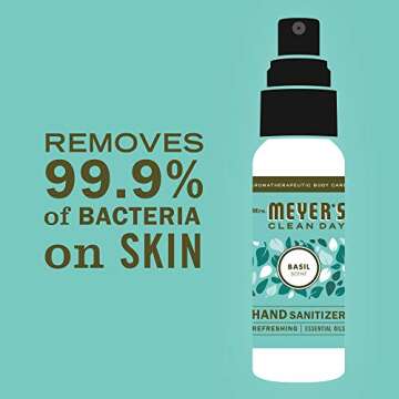 MRS. MEYER'S CLEAN DAY Antibacterial Hand Sanitizer Spray, Travel Size, Removes 99.9% of Bacteria, Basil, 2 oz - Pack of 4