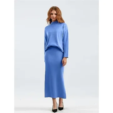 Women's 2 Piece Sweater Set Long Sleeve Turtleneck Tops Bodycon Skirt Casual Fall Winter Pullover Sweater Dresses Suit(Large,lightblue)