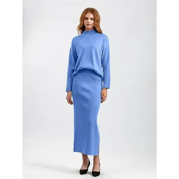 Women's 2 Piece Sweater Set Long Sleeve Turtleneck Tops Bodycon Skirt Casual Fall Winter Pullover Sweater Dresses Suit(Large,lightblue)